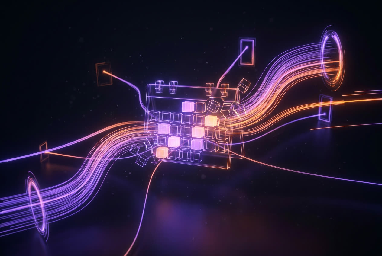 Calendar dissolving into light streaks, automated posting