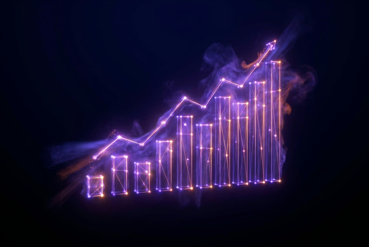 Rising neon analytics chart, webscraping and reports