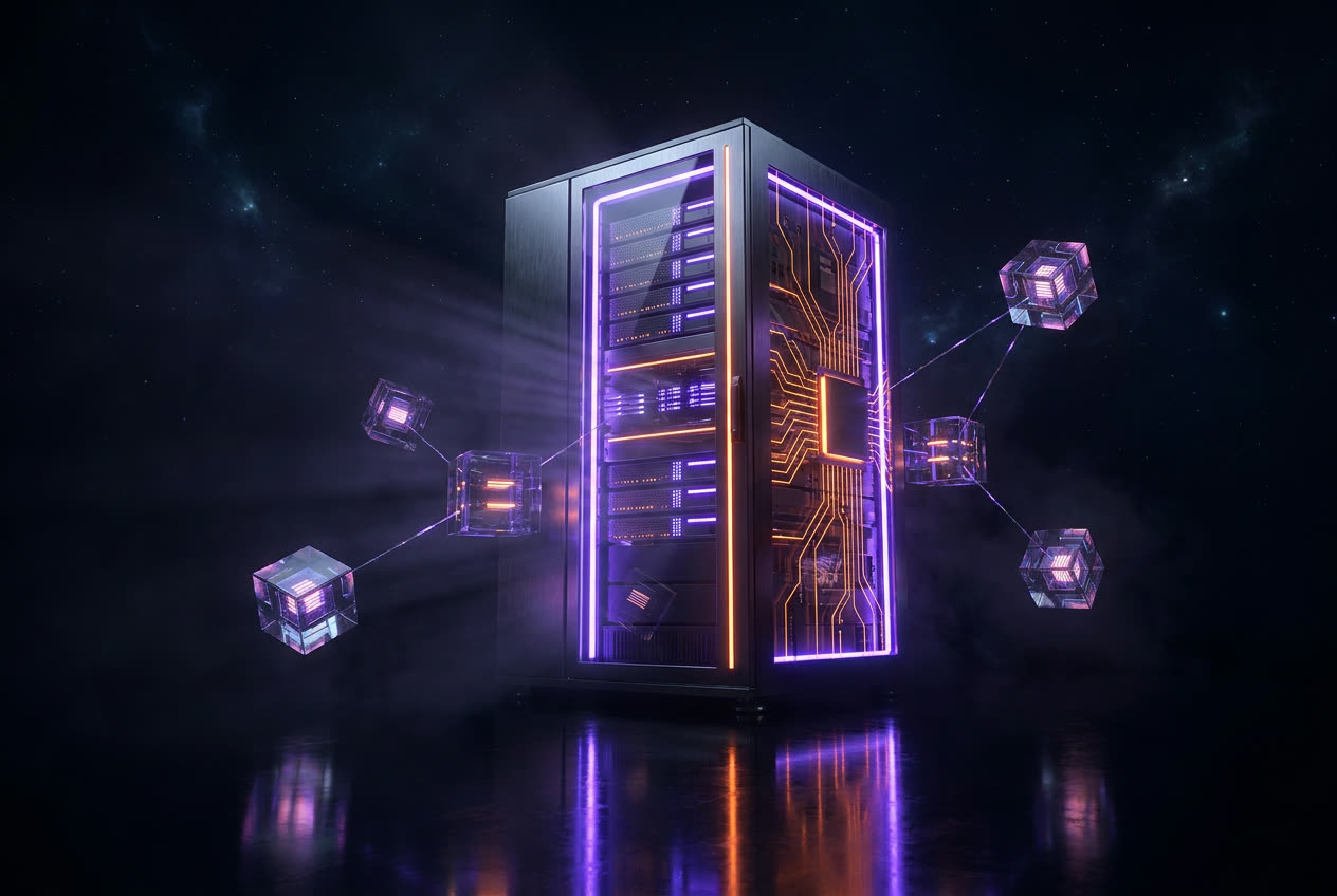 Glowing neon server rack, self-hosting