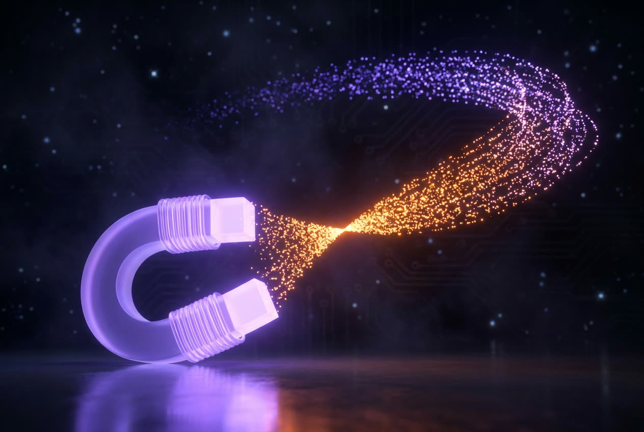 Magnet pulling glowing particles, leads
