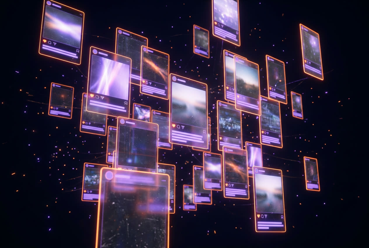Floating neon social post cards